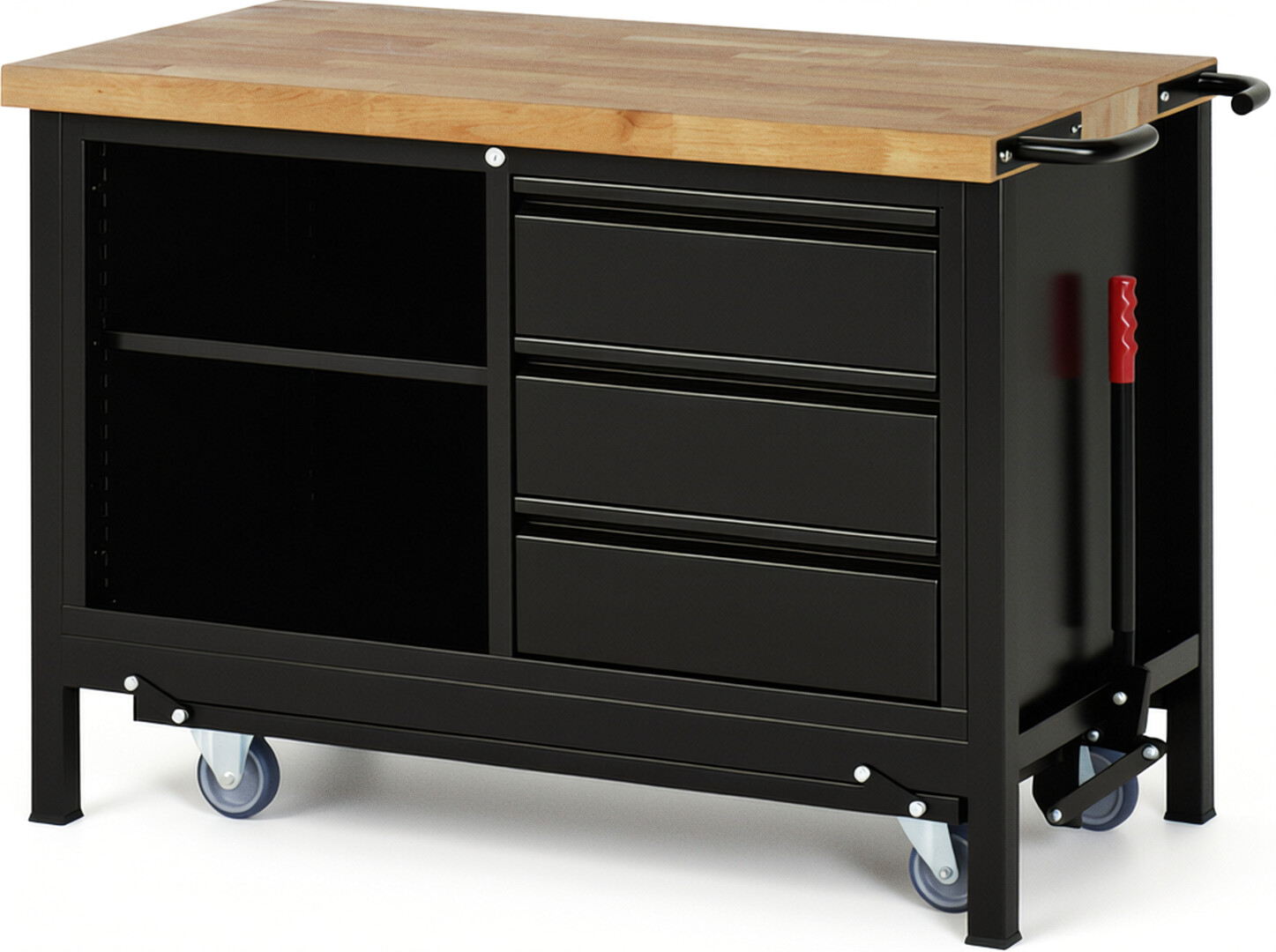 Absenkbare Werkbank - Modell 8462 BASIC schwarz, BxTxH 1250x700x880 mm,  Buche-Massiv Arbeitsplatte 40 mm,  3 Schubladen mit  Auszug 90 %