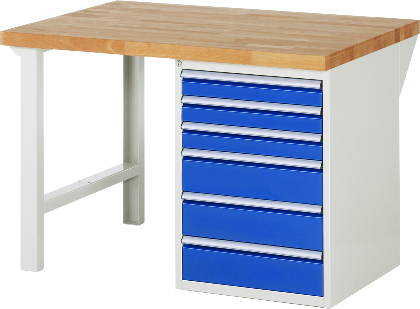 Werkbank Modell 7515 rot - schwarz, BxTxH 1250x900x890 mm,  Buche-Massiv Arbeitsplatte 40 mm,  6 Schubladen mit  Vollauszug 100 % und  SoftClosing