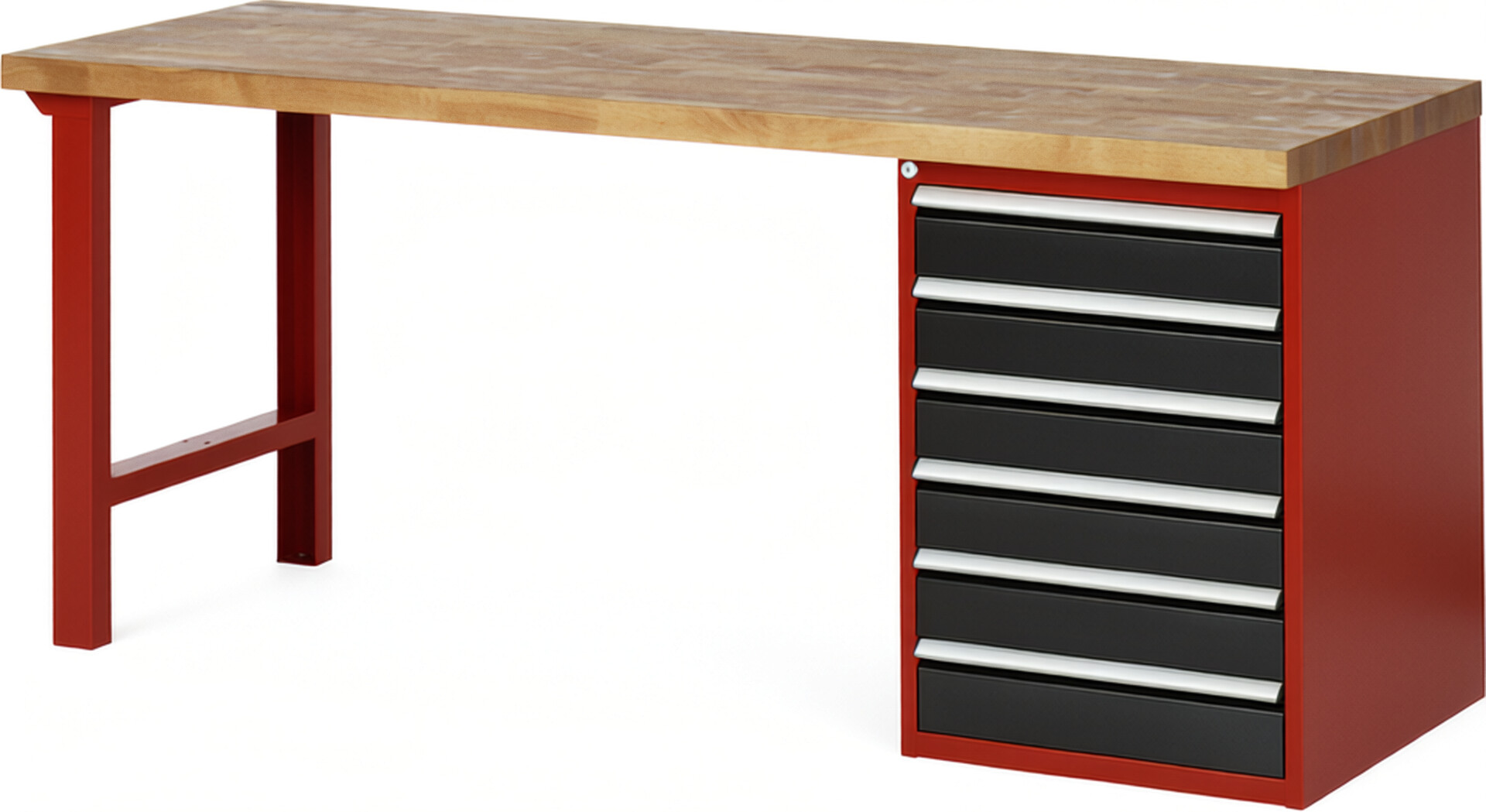 Werkbank Modell 7516 rot - schwarz, BxTxH 2000x700x840 mm,  Buche-Massiv Arbeitsplatte 40 mm,  6 Schubladen mit  Vollauszug 100 % und  SoftClosing
