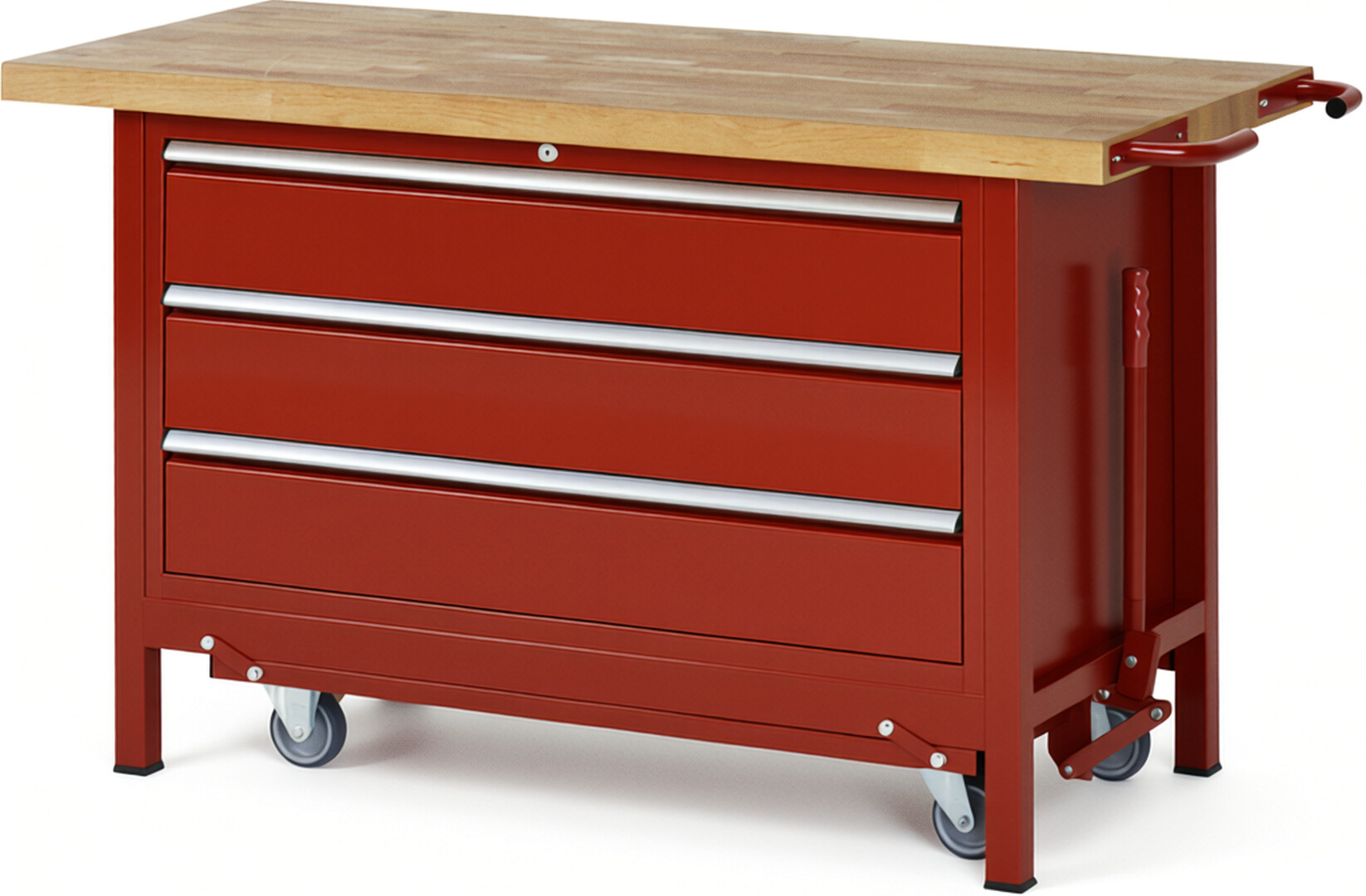 Absenkbare Werkbank Modell 8357 rot, BxTxH 1500x700x880 mm,  Buche-Massiv Arbeitsplatte 40 mm,  3 Schubladen mit  Auszug 90 %