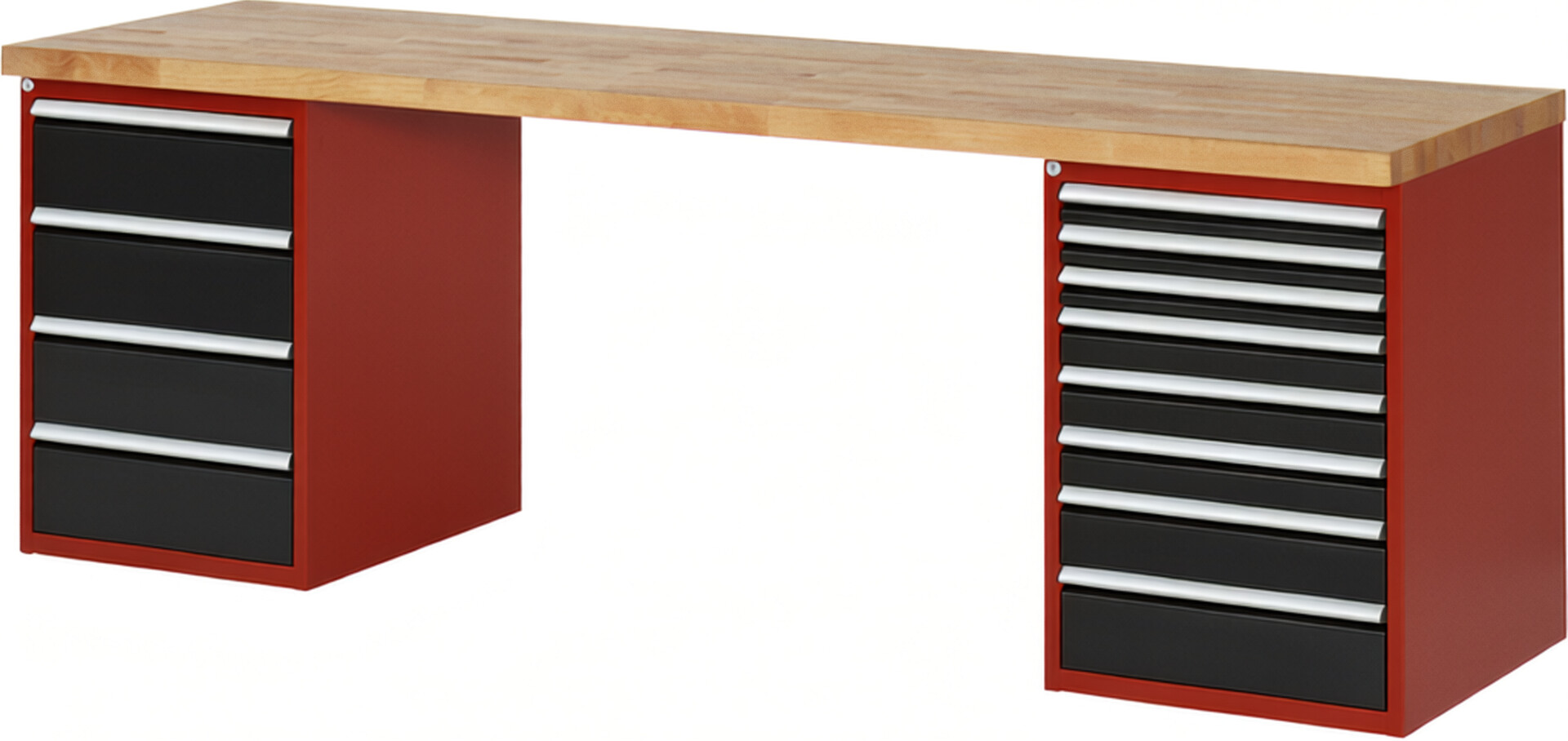Werkbank Modell 7822 rot - schwarz, BxTxH 2500x700x840 mm,  Buche-Massiv Arbeitsplatte 40 mm,  12 Schubladen mit  Vollauszug 100 % und  SoftClosing