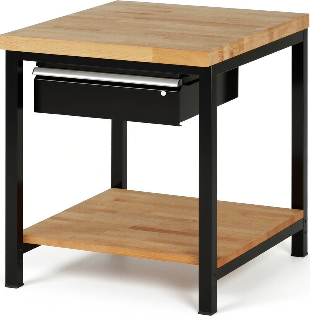 Werkbank Modell 8001 schwarz, BxTxH 750x900x840-1040 mm,  Buche-Massiv Arbeitsplatte 40 mm,  1 Schublade mit  Auszug 90 %