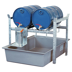 Fassregal, Stahl verzinkt, mit Fassauflage für 2x60-l-Fässer oder 1x200-l-Fass, GFK-Auffangwanne Auffangvolumen 220 l, BxTxH 990x1280x840 mm
