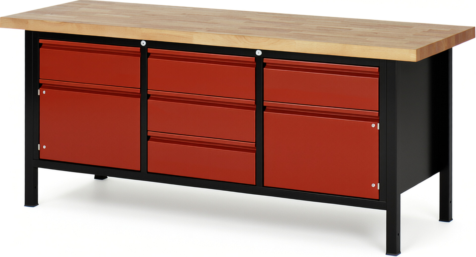 Werkbank schwarz - rot, Breite 200 cm, Tiefe 70 cm, Höhe 104 cm, 2 Schublade(n), Platte: Buche-Massiv-Arbeitsplatte