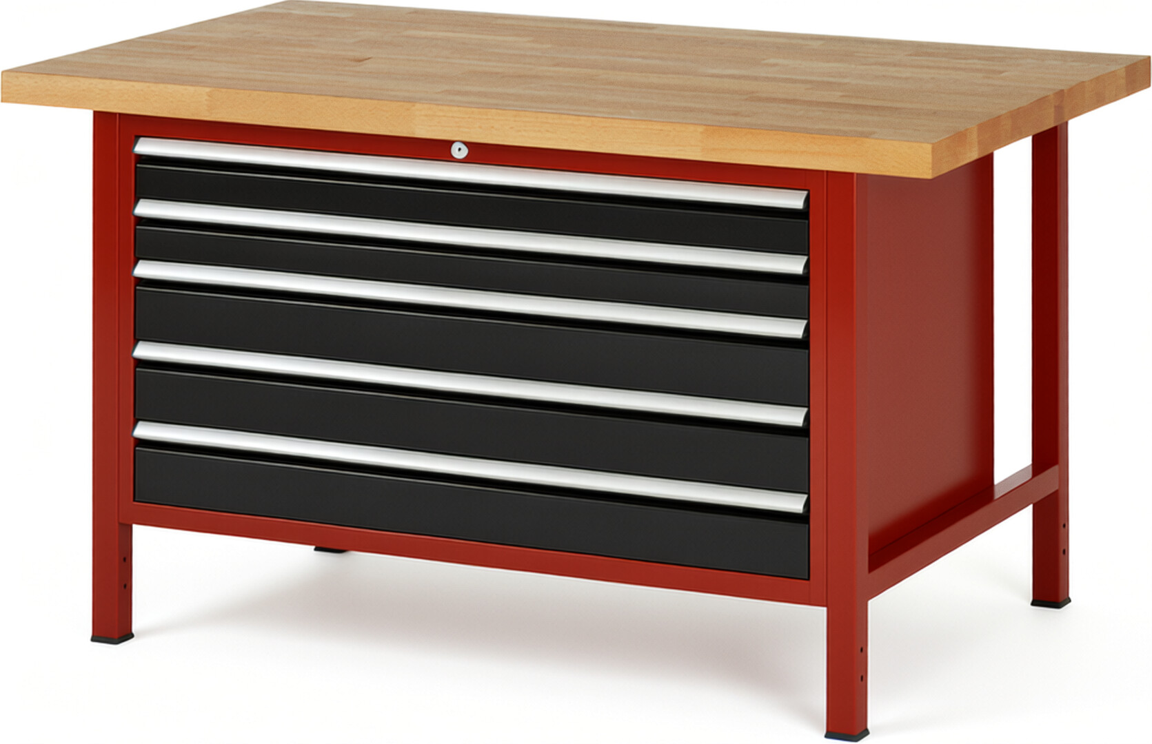 RAU Werkbank rot - schwarz - Breite 150 cm - Tiefe 90 cm - Höhe 104 cm - Buche-Massiv Arbeitsplatte 40 mm