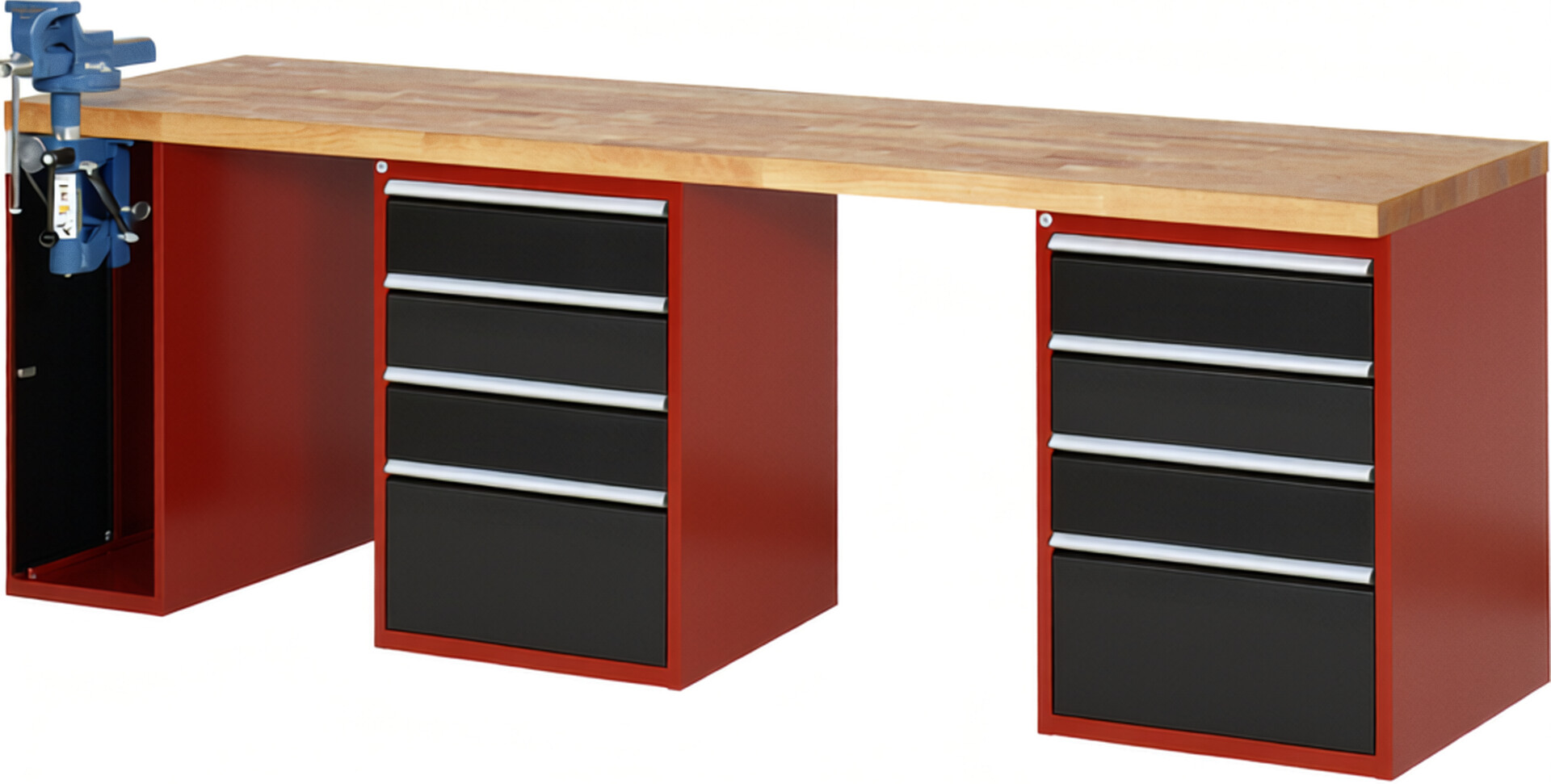 RAU Werkbank rot - schwarz - Breite 250 cm - Tiefe 70 cm - Höhe 84 cm - Buche-Massiv Arbeitsplatte 40 mm