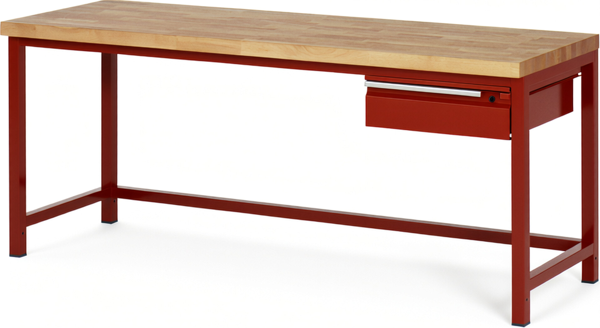 Werkbank rot, BxTxH 2000x700x840-1040 mm, Platte Buche 40 mm, 1 Schublade 150 mm, RAL 3000/3000