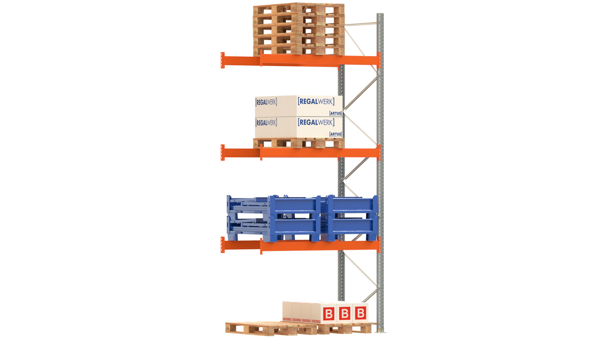 Palettenregal ARTUS - Anbaufeld - Breite 198,5 cm - Höhe 450 cm - Tiefe 110 cm - 3 Träger Ebenen