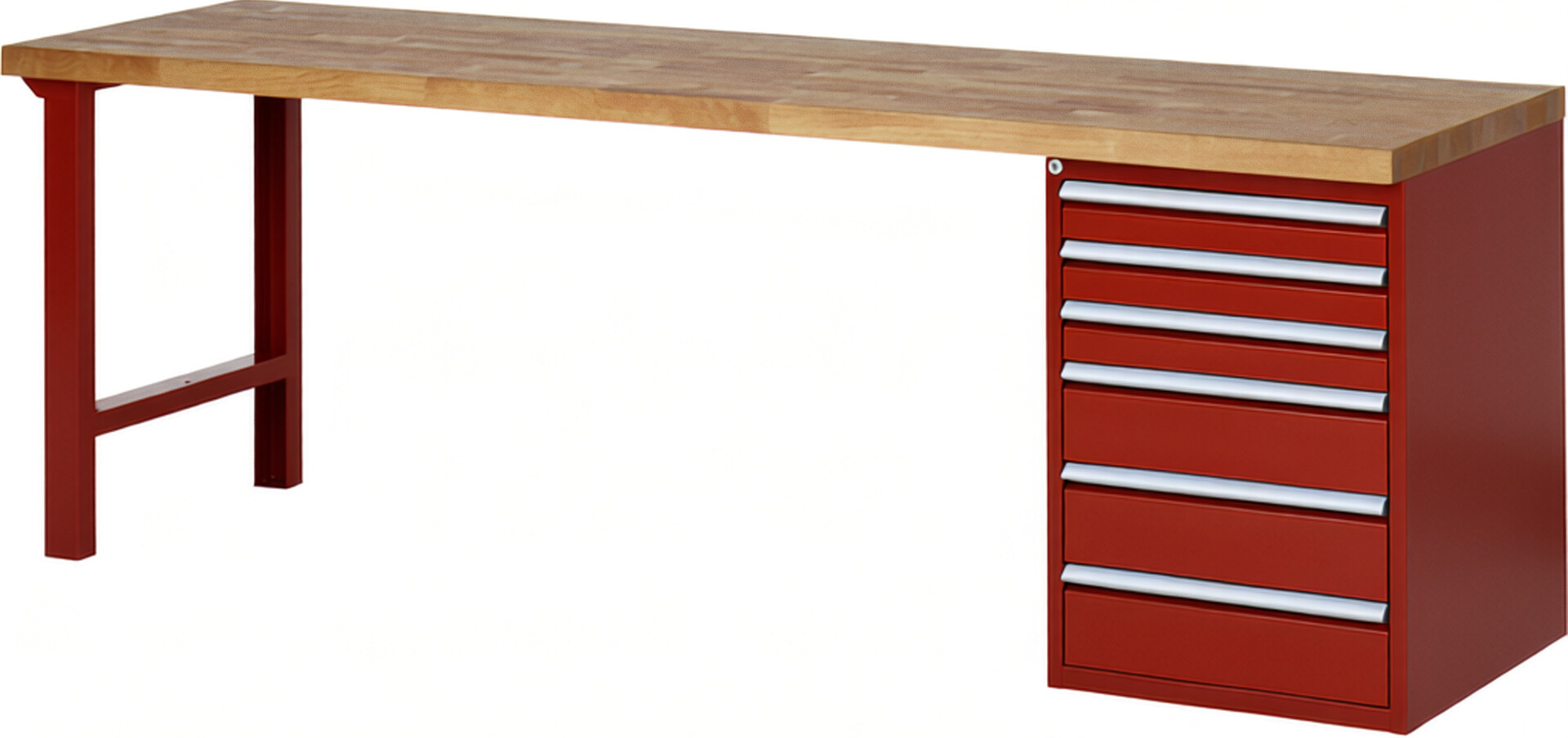 RAU Werkbank rot - Breite 250 cm - Tiefe 70 cm - Höhe 89 cm - Buche-Massiv Arbeitsplatte 40 mm