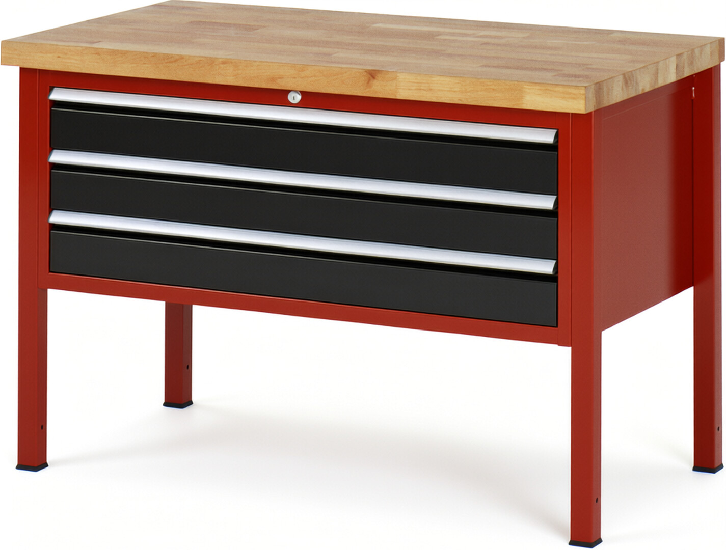 Werkbank Modell 8327 rot - schwarz, BxTxH 1250x700x840-1040 mm,  Buche-Massiv Arbeitsplatte 40 mm,  3 Schubladen mit  Auszug 90 %