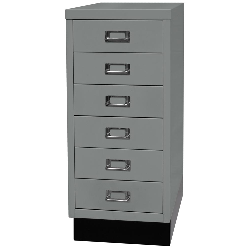 Schubladenschrank aus Stahl, BxTxH 279x380x670 mm, 6 Schubladen 87 mm, DIN A4, Sockel 80 mm hoch, silber