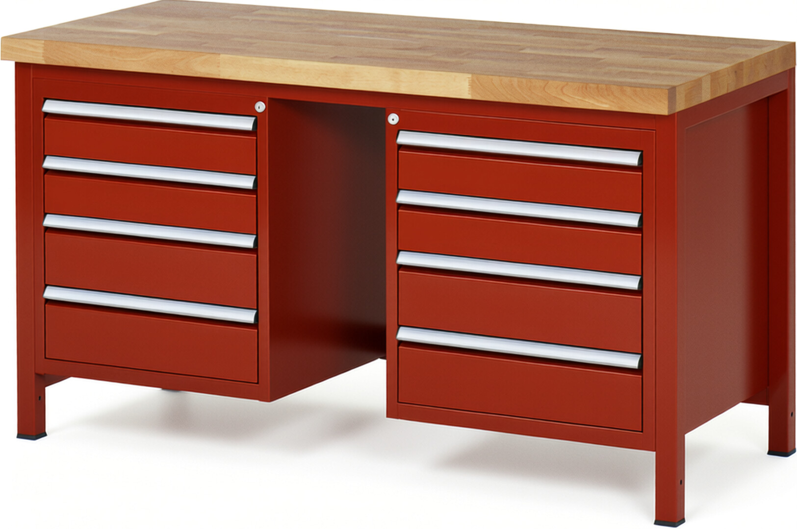 Werkbank Modell 8181 rot, BxTxH 1500x700x840-1040 mm,  Buche-Massiv Arbeitsplatte 40 mm,  8 Schubladen mit  Vollauszug 100 % und  SoftClosing