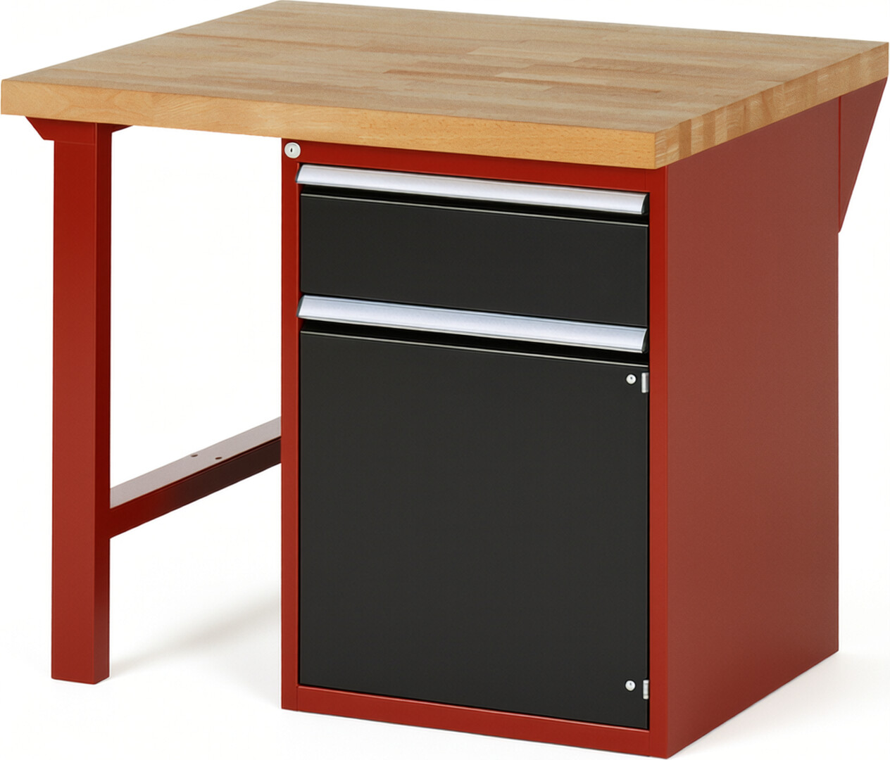 Werkbank Modell 7502 rot - schwarz, BxTxH 1000x900x840 mm,  Buche-Massiv Arbeitsplatte 40 mm,  1 Schublade mit  Auszug 90 %