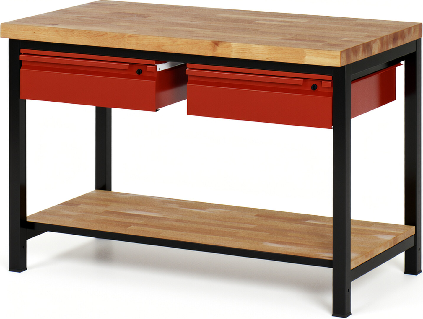 RAU Werkbank schwarz - rot - Breite 125 cm - Tiefe 70 cm - Höhe 104 cm - Buche-Massiv Arbeitsplatte 40 mm