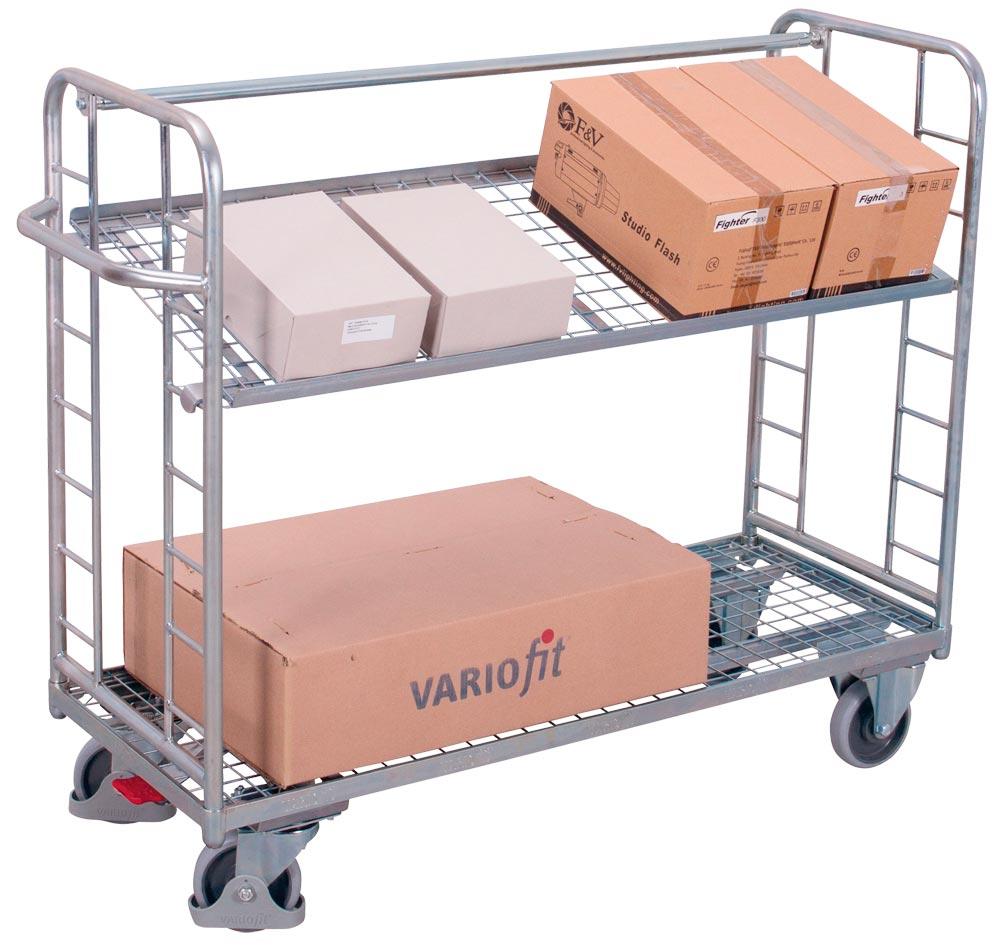 Etagenwagen, verzinkt, 2 Drahtgitterböden, neigbar, LxB 1355x550 mm, Außenmaße LxBxH 1510x550x1235 mm, TL 250 kg