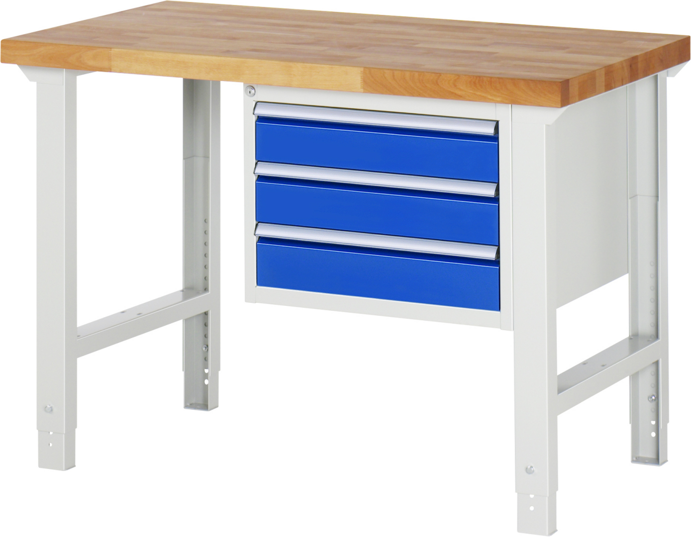 Werkbank Modell 7127 rot - schwarz, BxTxH 1250x700x790-1140 mm,  Buche-Massiv Arbeitsplatte 40 mm,  3 Schubladen mit  Vollauszug 100 % und  SoftClosing