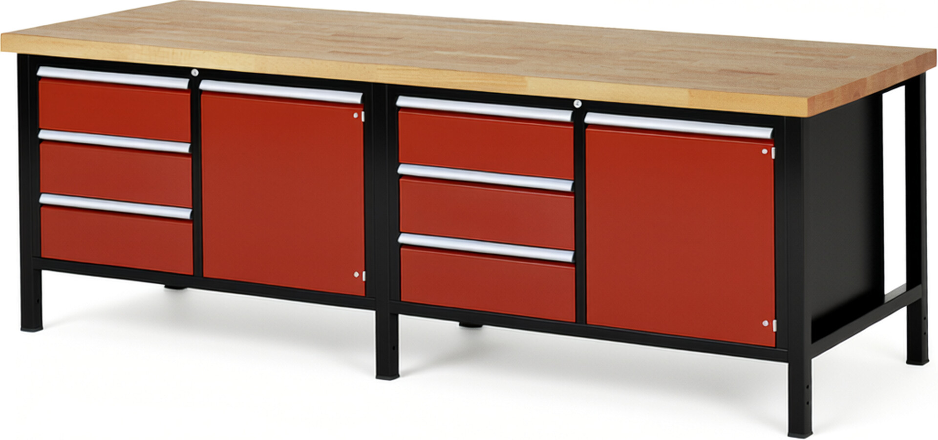 RAU Werkbank schwarz - rot - Breite 250 cm - Tiefe 90 cm - Höhe 104 cm - Buche-Massiv Arbeitsplatte 40 mm