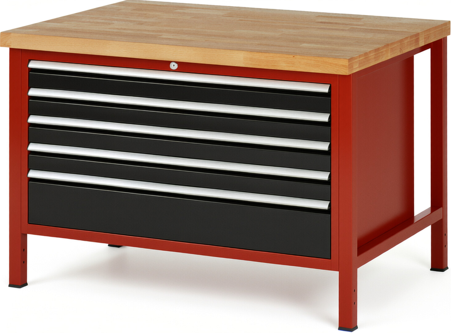 Werkbank Modell 8368 rot - schwarz, BxTxH 1250x900x840 mm,  Buche-Massiv Arbeitsplatte 40 mm,  5 Schubladen mit  Auszug 90 %