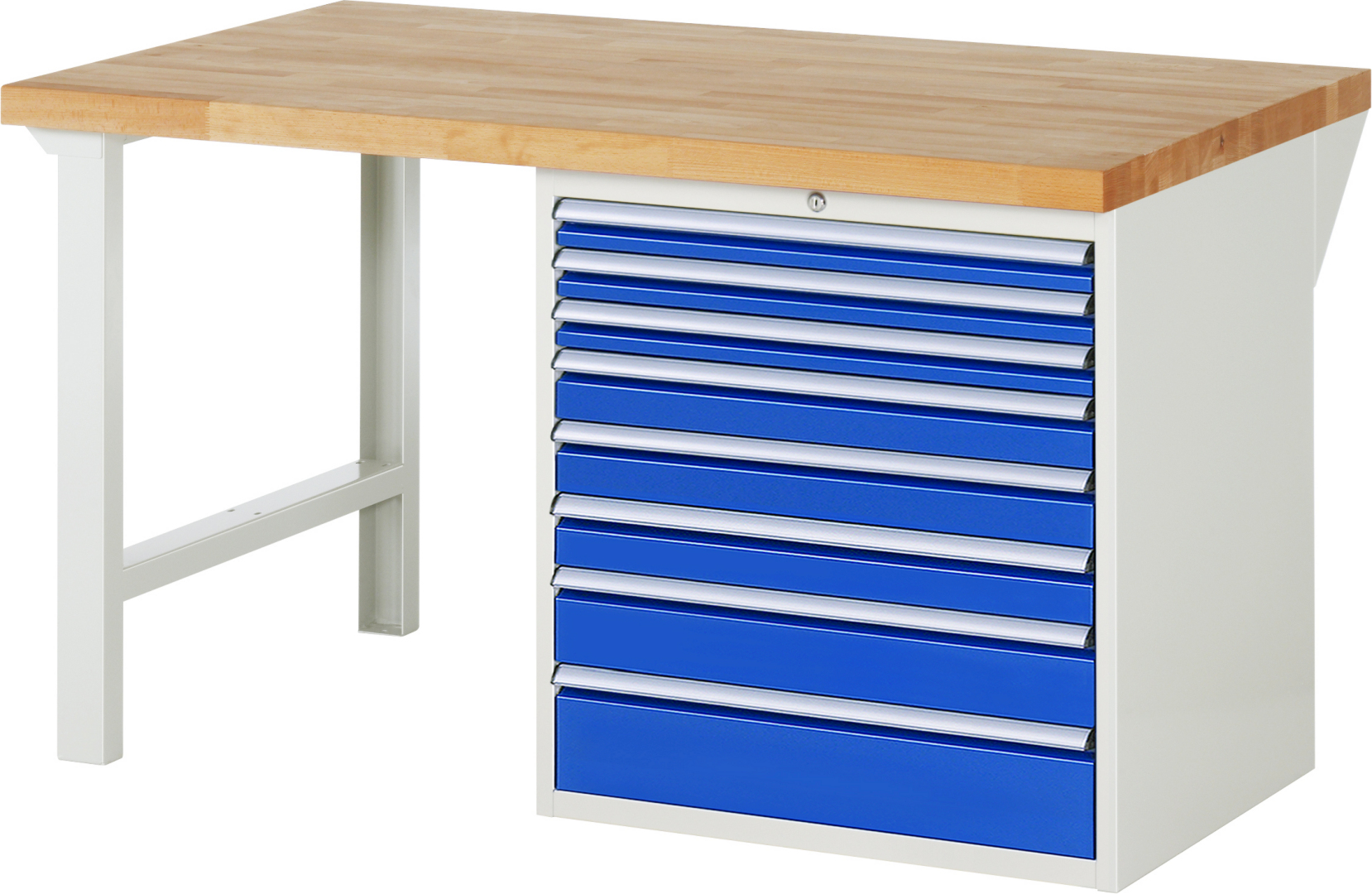 Werkbank Modell 7619,  BxTxH 1500x900x840 mm,  Buche-Massiv Arbeitsplatte 40 mm,  8 Schubladen mit  Vollauszug 100 % und  SoftClosing