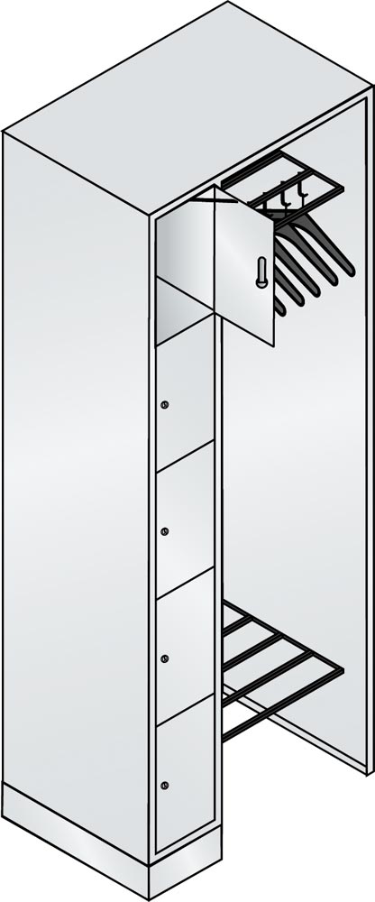 Garderobe, Garderobenanlage, Offene Garderobe mit Spindschrank, 5 Fächer, links, Korpusfarbe lichtgrau, Türfarbe lichtgrau, 1.950 x 740 x 480 mm (HxBxT)