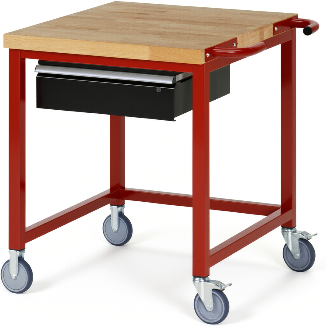Fahrbare Werkbank Modell 8001 rot - schwarz, BxTxH 750x900x880-1080 mm,  Buche-Massiv Arbeitsplatte 40 mm,  1 Schublade mit  Auszug 90 %