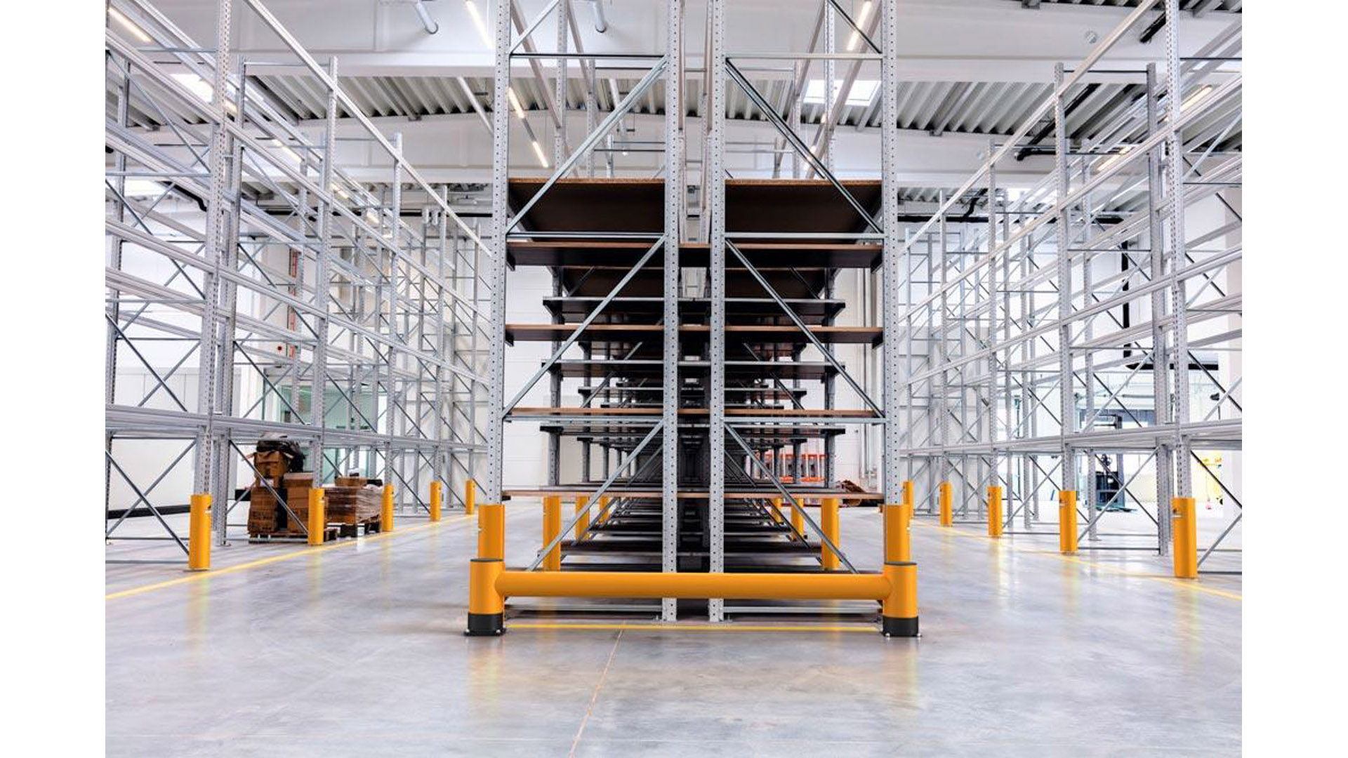 Regalendschutz, Einzelplanke, HDPE, Länge 1200 mm, Höhe 400 mm, Pollerdurchm. 180 mm, Verbindungsrohrdurchm. 140 mm, Farbe gelb