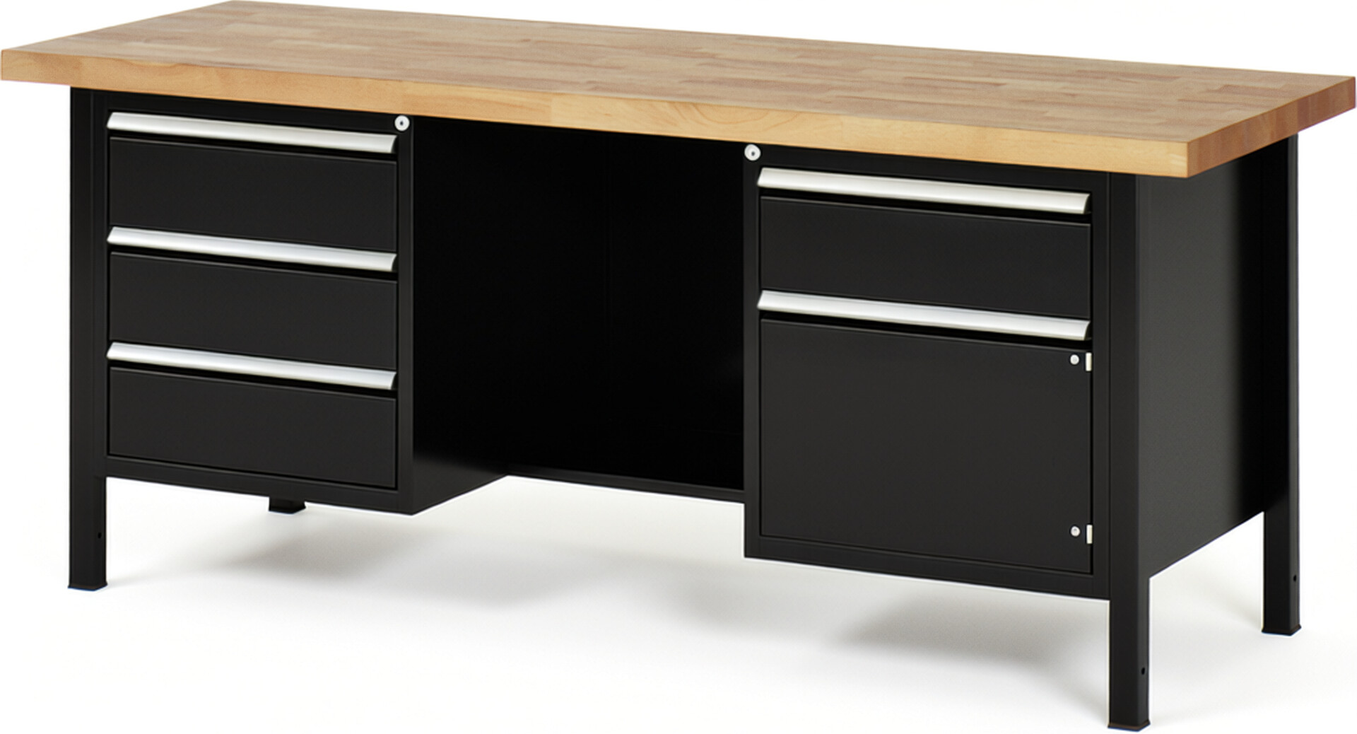 Werkbank Modell 8552 schwarz, BxTxH 2000x700x840-1040 mm,  Buche-Massiv Arbeitsplatte 40 mm,  4 Schubladen mit  Auszug 90 %