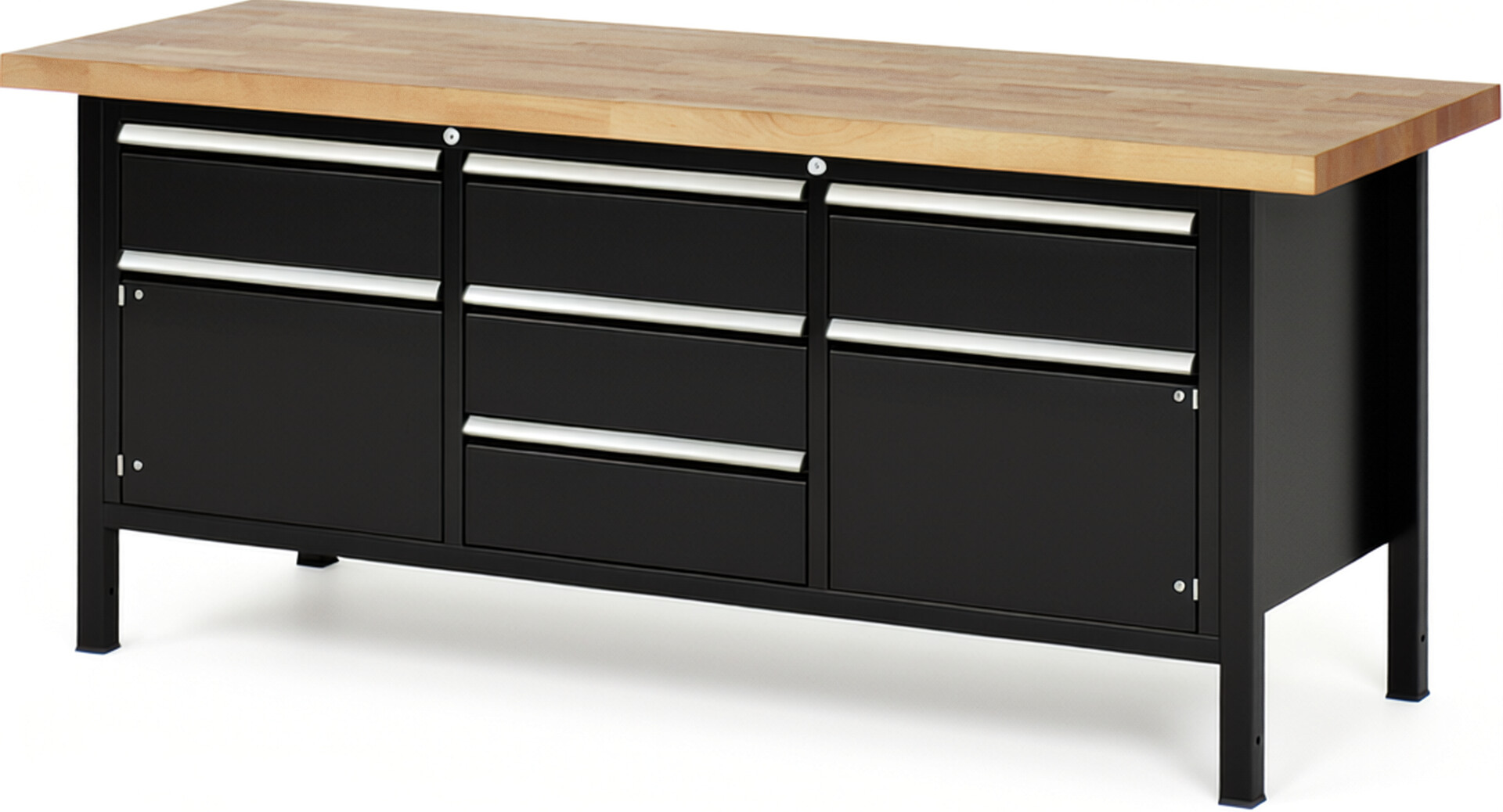 Werkbank Modell 8568 schwarz, BxTxH 2000x700x840-1040 mm,  Buche-Massiv Arbeitsplatte 40 mm,  5 Schubladen mit  Auszug 90 %