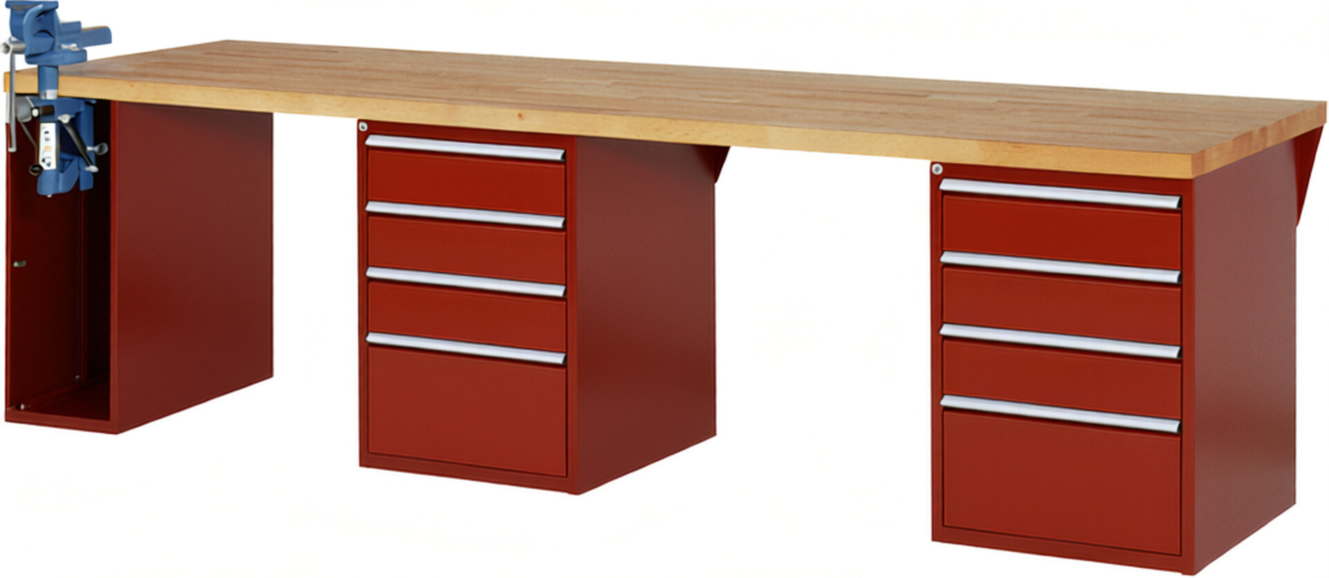 Werkbank Modell 7510 rot, BxTxH 3000x900x840 mm,  Buche-Massiv Arbeitsplatte 40 mm,  8 Schubladen mit  Auszug 90 %