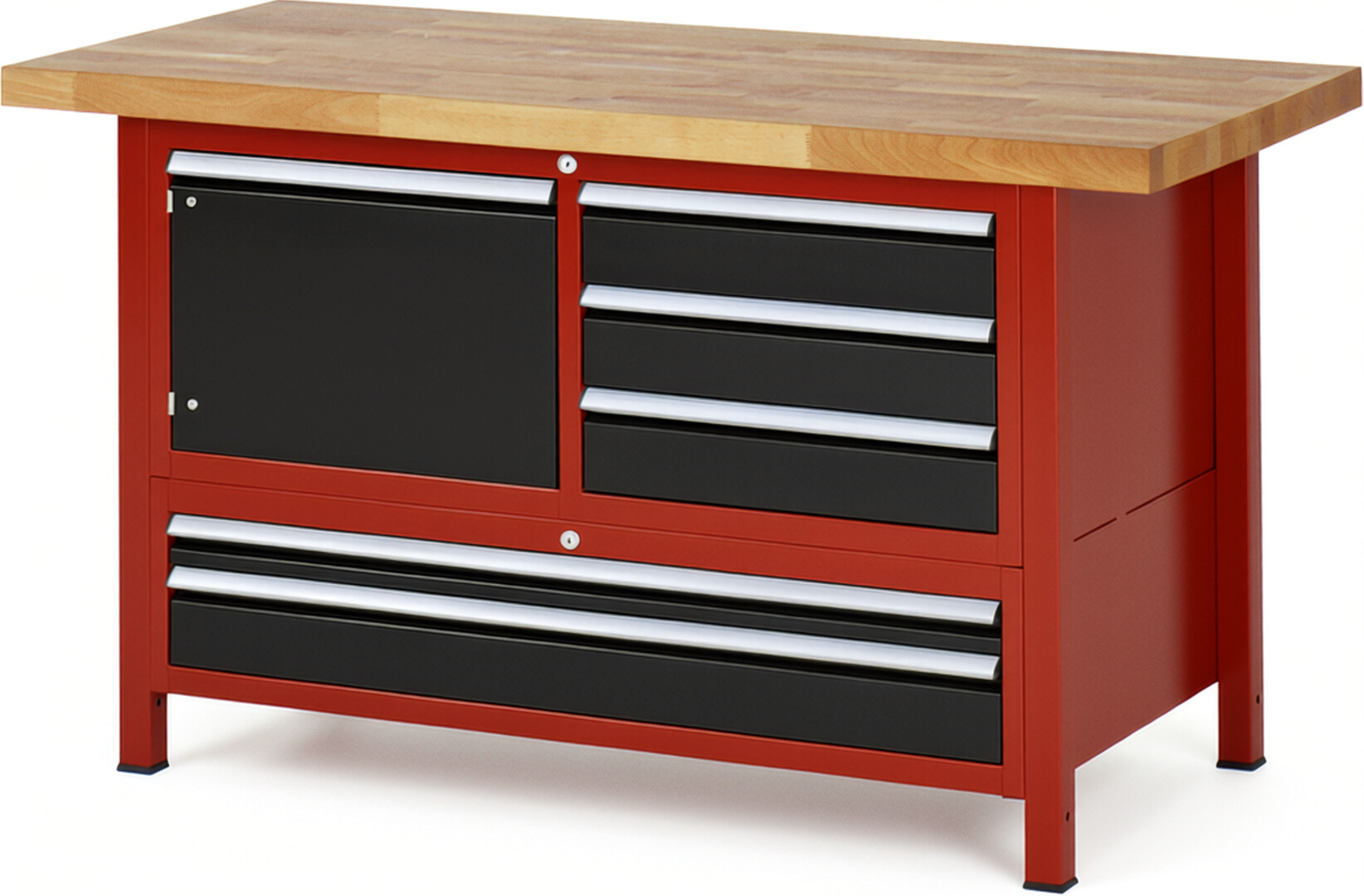 Werkbank Modell 8932 rot - schwarz, BxTxH 1500x700x840-1040 mm,  Buche-Massiv Arbeitsplatte 40 mm,  5 Schubladen mit  Auszug 90 %
