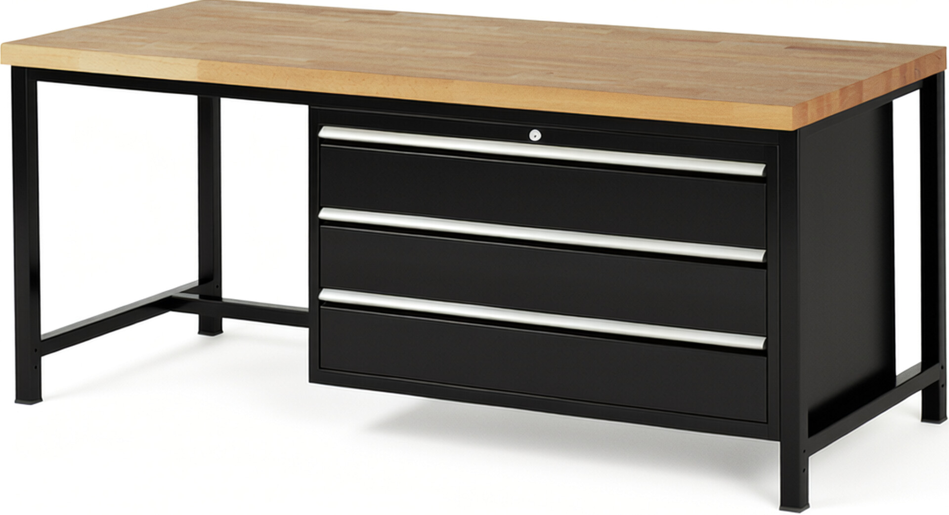 Werkbank Modell 8357 schwarz, BxTxH 2000x900x840 mm,  Buche-Massiv Arbeitsplatte 40 mm,  3 Schubladen mit  Vollauszug 100 % und  SoftClosing