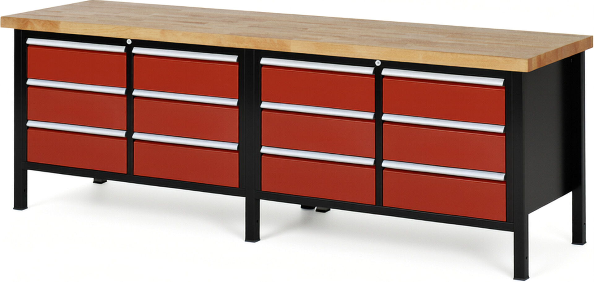 RAU Werkbank schwarz - rot - Breite 250 cm - Tiefe 70 cm - Höhe 104 cm - Buche-Massiv Arbeitsplatte 40 mm