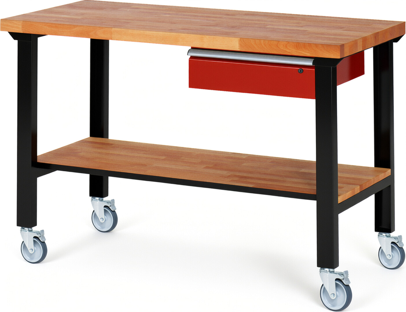 Fahrbare Werkbank Modell 7001 schwarz-rot, BxTxH 1500x700x1000 mm,  Buche-Massiv Arbeitsplatte 40 mm,  1 Schublade mit  Auszug 90 %