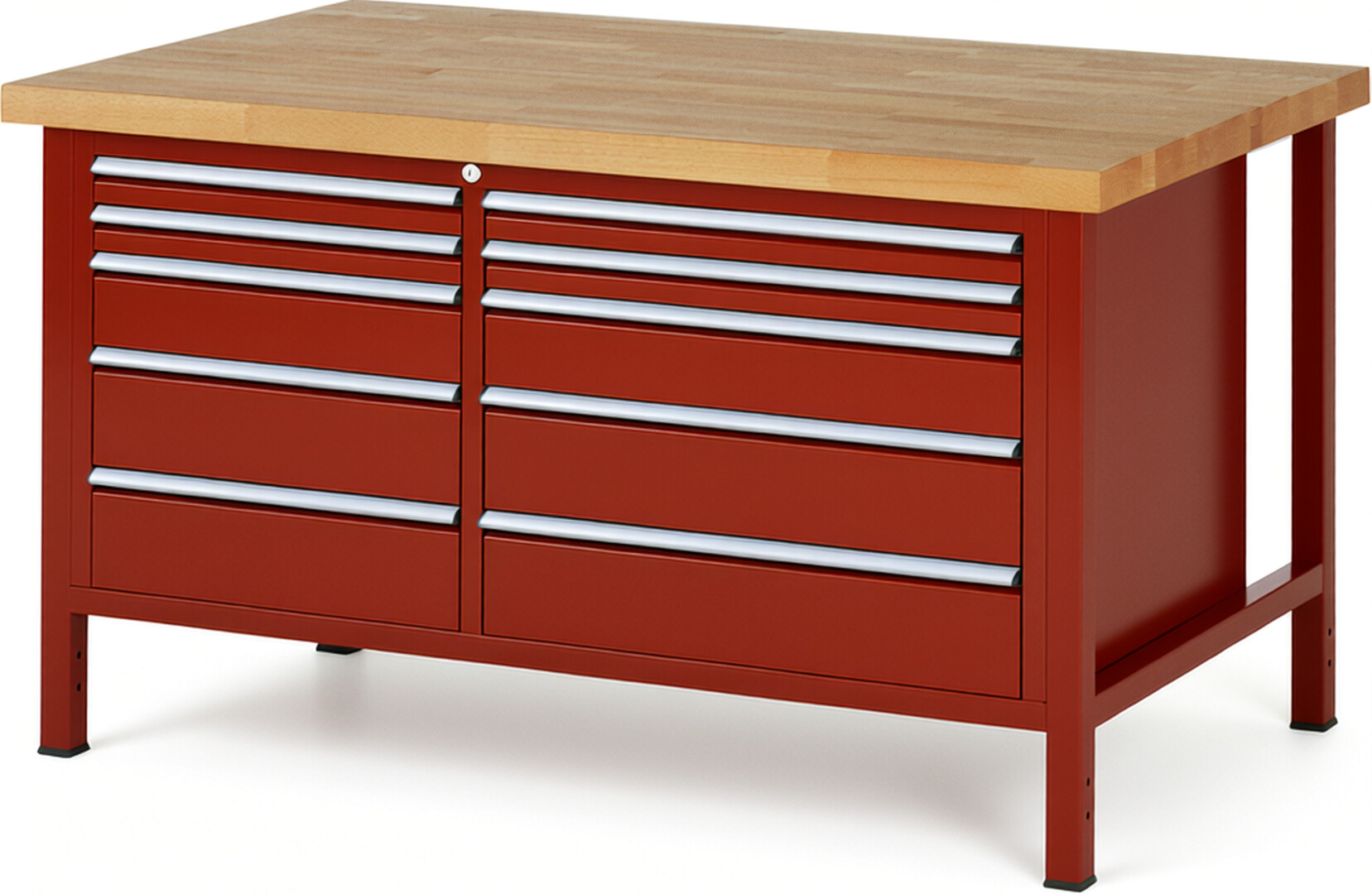 RAU Werkbank rot - Breite 150 cm - Tiefe 90 cm - Höhe 104 cm - Buche-Massiv Arbeitsplatte 40 mm