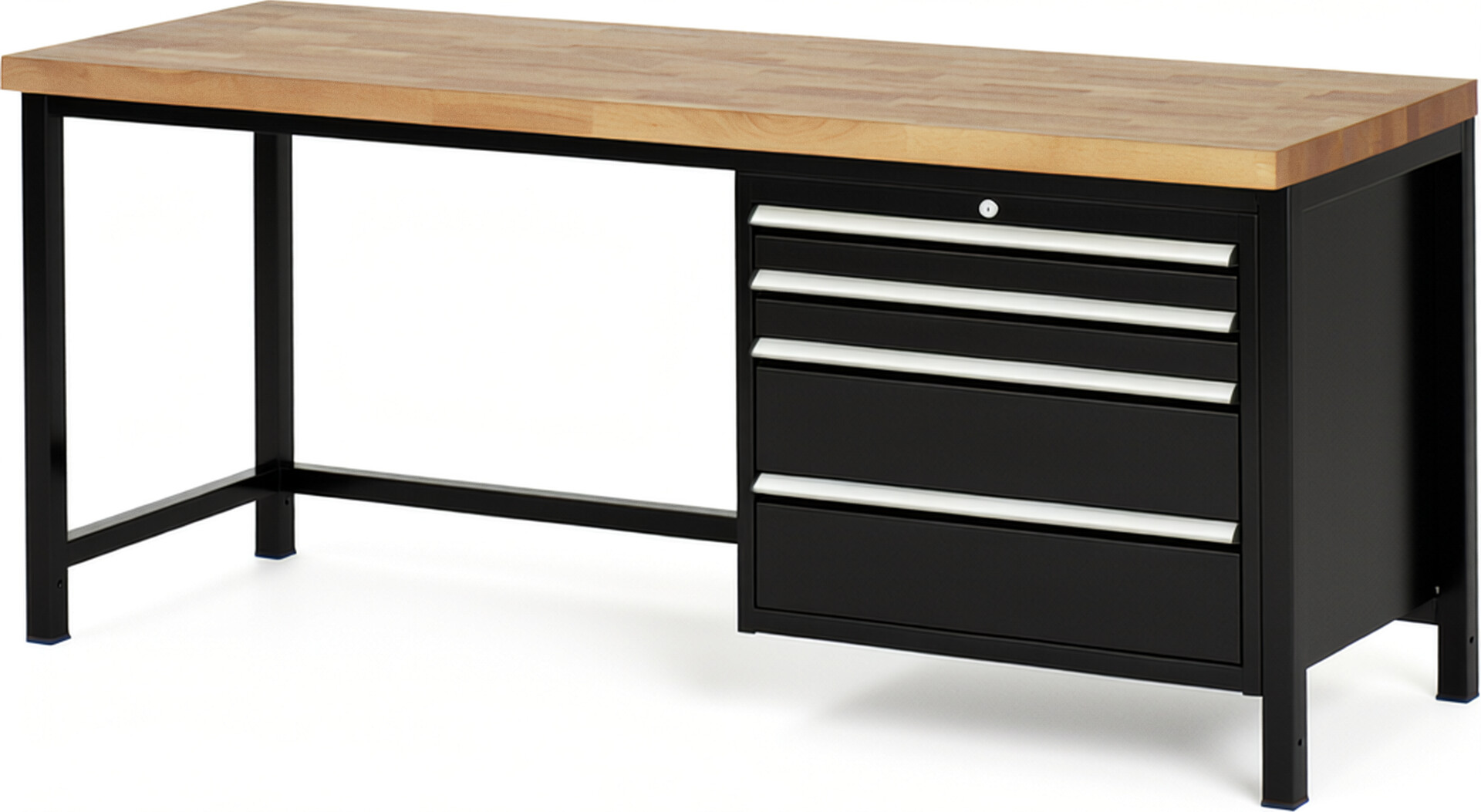 Werkbank Modell 8261 schwarz, BxTxH 2000x700x840-1040 mm,  Buche-Massiv Arbeitsplatte 40 mm,  4 Schubladen mit  Auszug 90 %