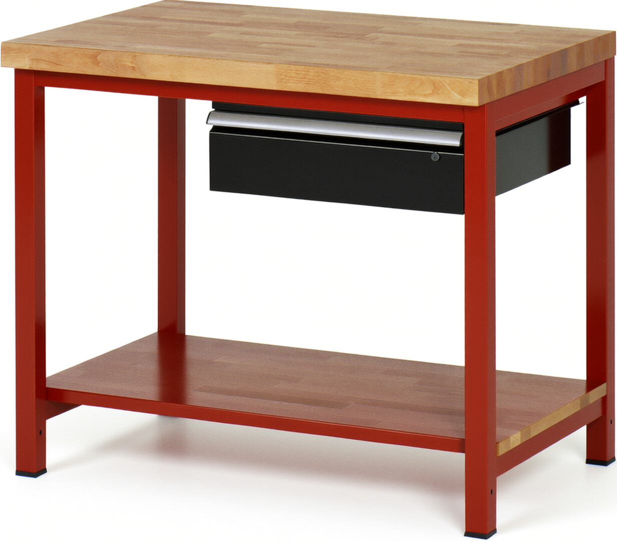 Werkbank Modell 8001 rot - schwarz, BxTxH 1000x700x840-1040 mm,  Buche-Massiv Arbeitsplatte 40 mm,  1 Schublade mit  Auszug 90 %