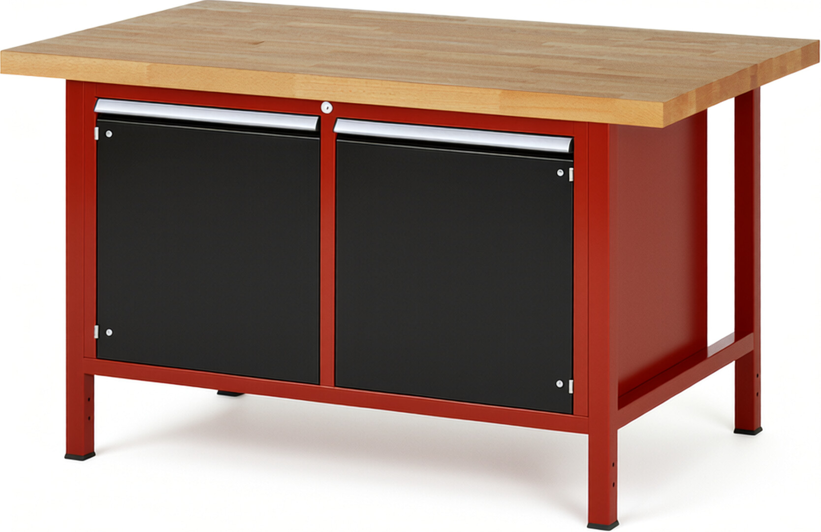 RAU Werkbank rot - schwarz - Breite 150 cm - Tiefe 90 cm - Höhe 104 cm - Buche-Massiv Arbeitsplatte 40 mm