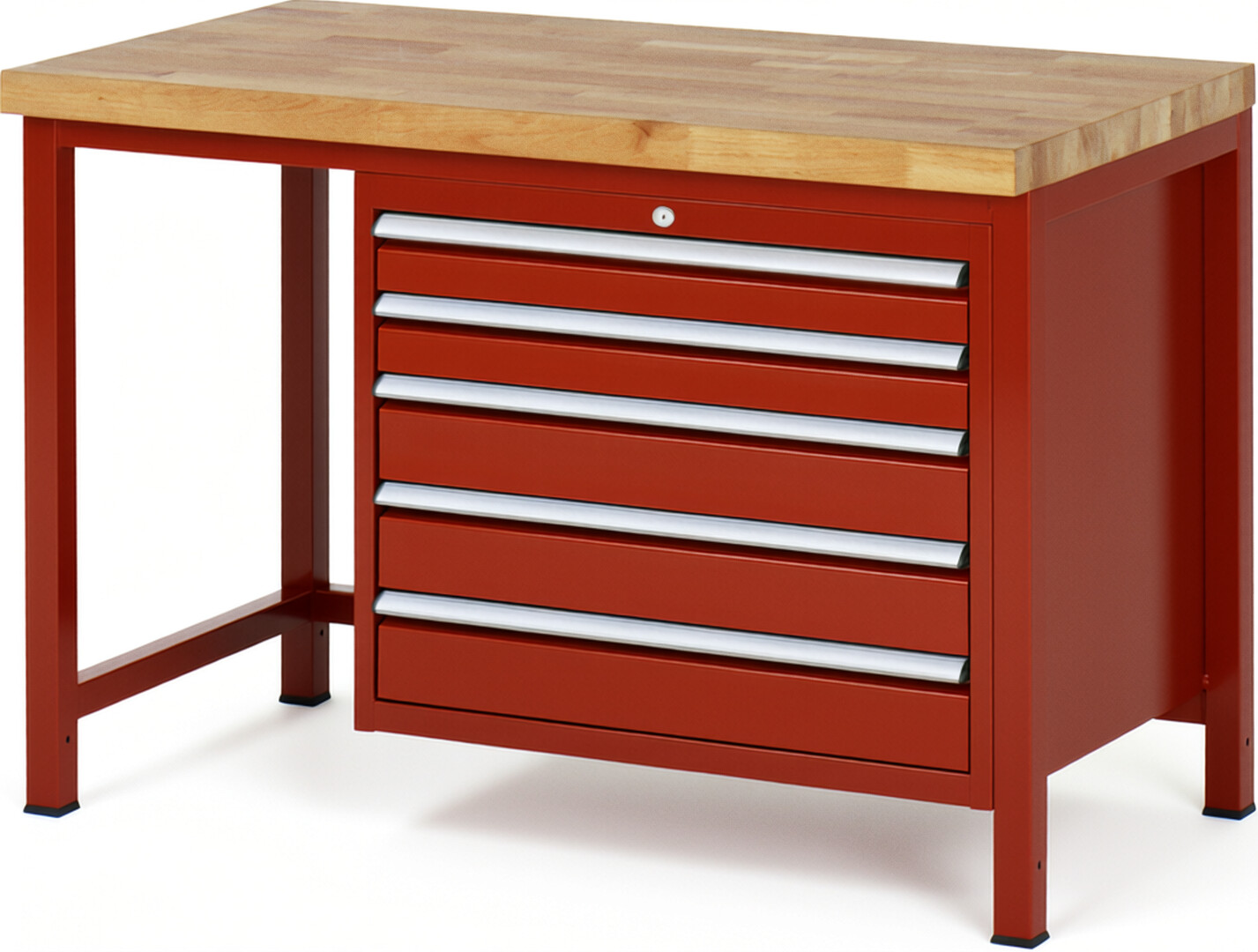 Werkbank Modell 8271 rot, BxTxH 1250x700x840-1040 mm,  Buche-Massiv Arbeitsplatte 40 mm,  5 Schubladen mit  Vollauszug 100 % und  SoftClosing