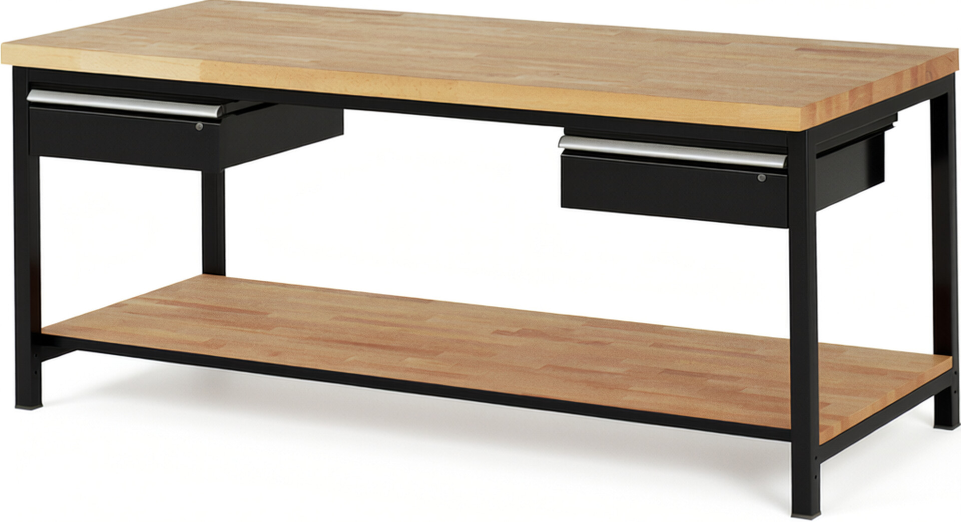 RAU Werkbank schwarz - Breite 200 cm - Tiefe 90 cm - Höhe 104 cm - Buche-Massiv Arbeitsplatte 40 mm