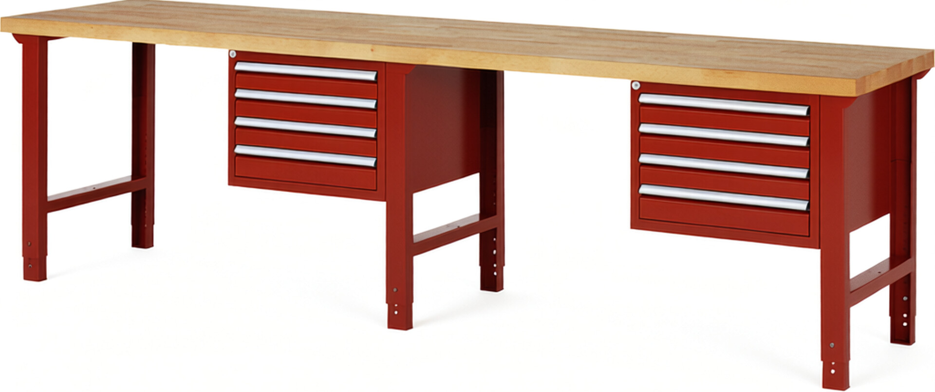 Werkbank Modell 7133 rot, BxTxH 3000x700x790-1140 mm,  Buche-Massiv Arbeitsplatte 40 mm,  8 Schubladen mit  Vollauszug 100 % und  SoftClosing