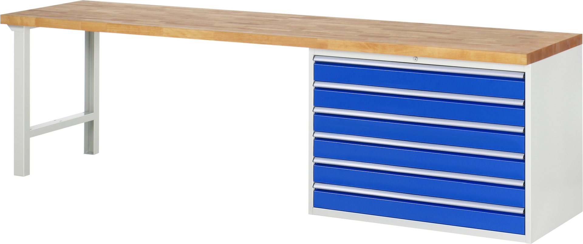 Werkbank Modell 7716,  BxTxH 3000x700x890 mm,  Buche-Massiv Arbeitsplatte 40 mm,  6 Schubladen mit  Auszug 90 %