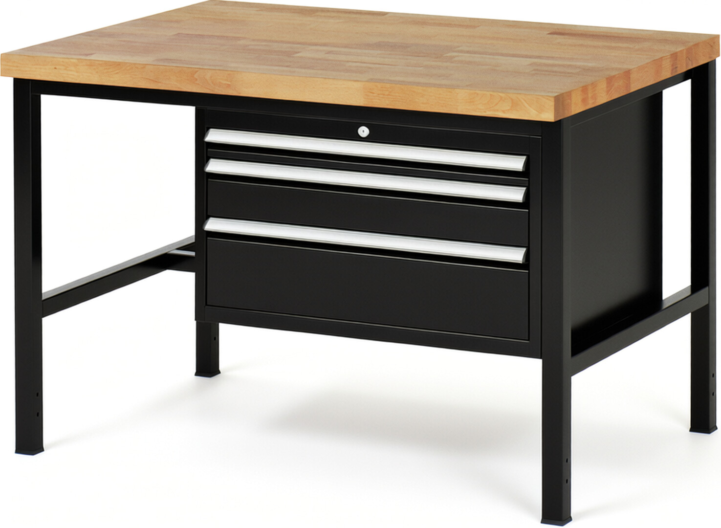 Werkbank Modell 8226 schwarz, BxTxH 1250x900x840 mm,  Buche-Massiv Arbeitsplatte 40 mm,  3 Schubladen mit  Vollauszug 100 % und  SoftClosing