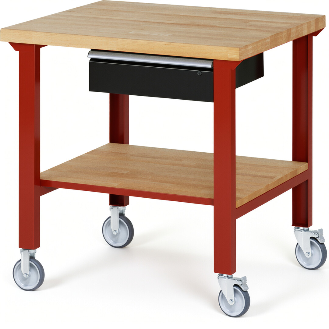 Fahrbare Werkbank Modell 7001 rot - schwarz, BxTxH 1000x900x1000 mm,  Buche-Massiv Arbeitsplatte 40 mm,  1 Schublade mit  Auszug 90 %