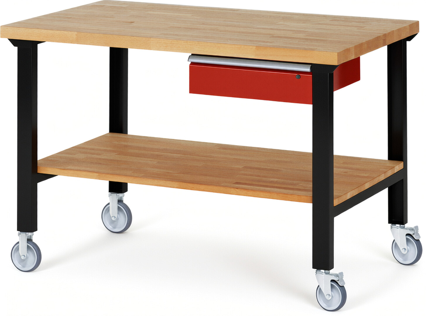 RAU Werkbank schwarz - rot - Breite 150 cm - Tiefe 90 cm - Höhe 100 cm - Buche-Massiv Arbeitsplatte 40 mm