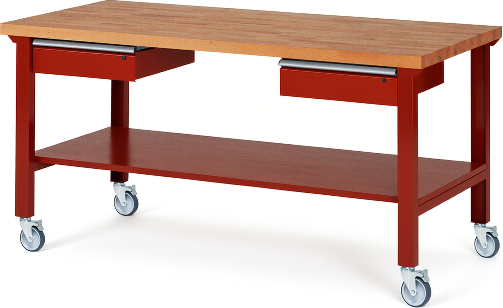 Fahrbare Werkbank Modell 7002 rot, BxTxH 2000x900x1000 mm,  Buche-Massiv Arbeitsplatte 40 mm,  2 Schubladen mit  Auszug 90 %