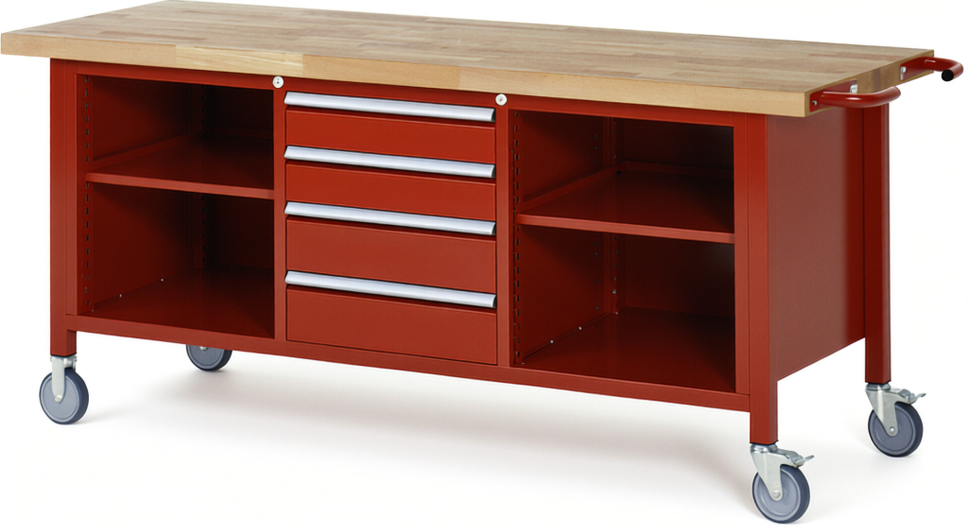 Fahrbare Werkbank Modell 8566 rot, BxTxH 2000x700x880 mm,  Buche-Massiv Arbeitsplatte 40 mm,  4 Schubladen mit  Vollauszug 100 % und  SoftClosing