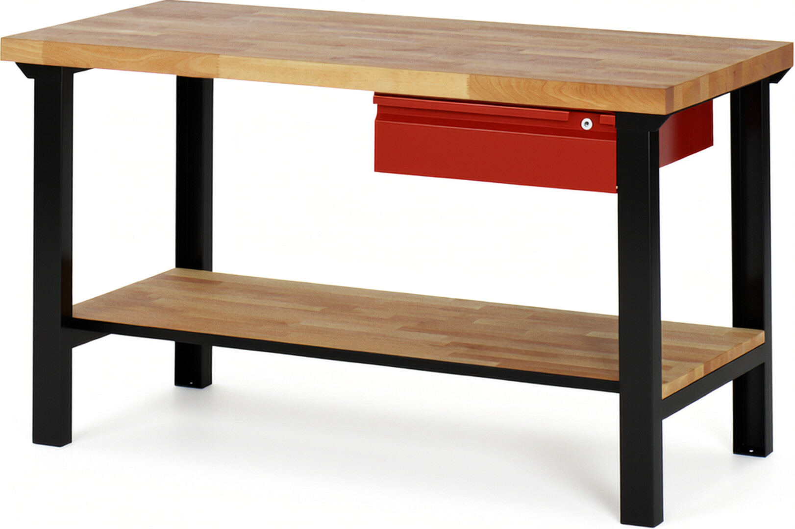 RAU Werkbank schwarz - rot - Breite 150 cm - Tiefe 70 cm - Höhe 84 cm - Buche-Massiv Arbeitsplatte 40 mm