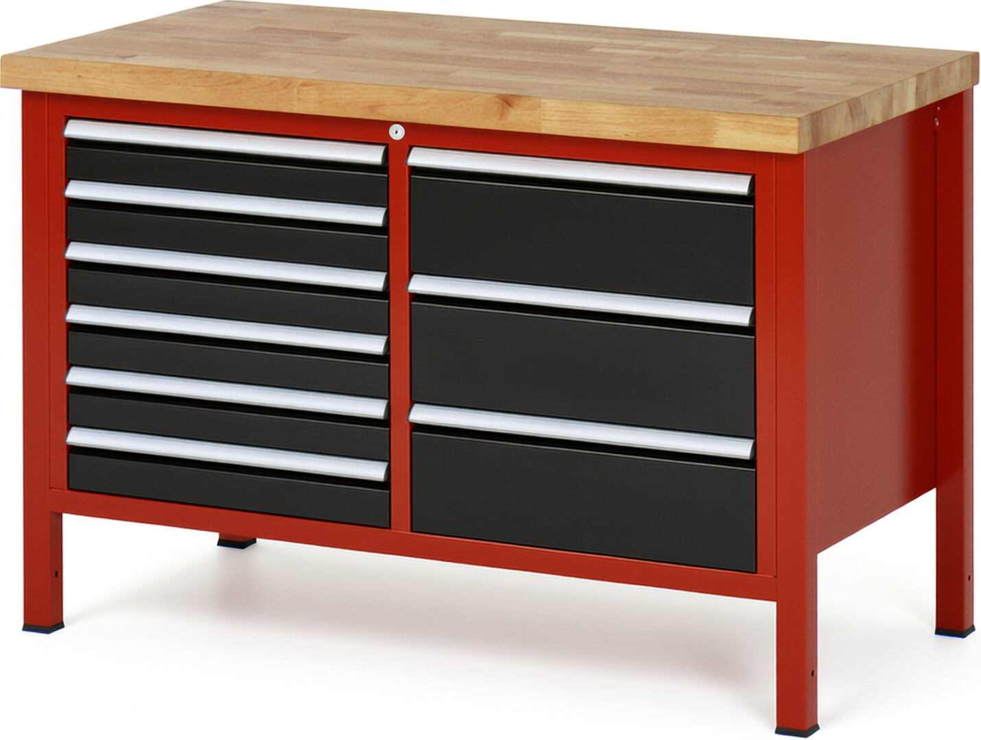 Werkbank Modell 8479 rot - schwarz, BxTxH 1250x700x840 mm,  Buche-Massiv Arbeitsplatte 40 mm,  9 Schubladen mit  Auszug 90 %