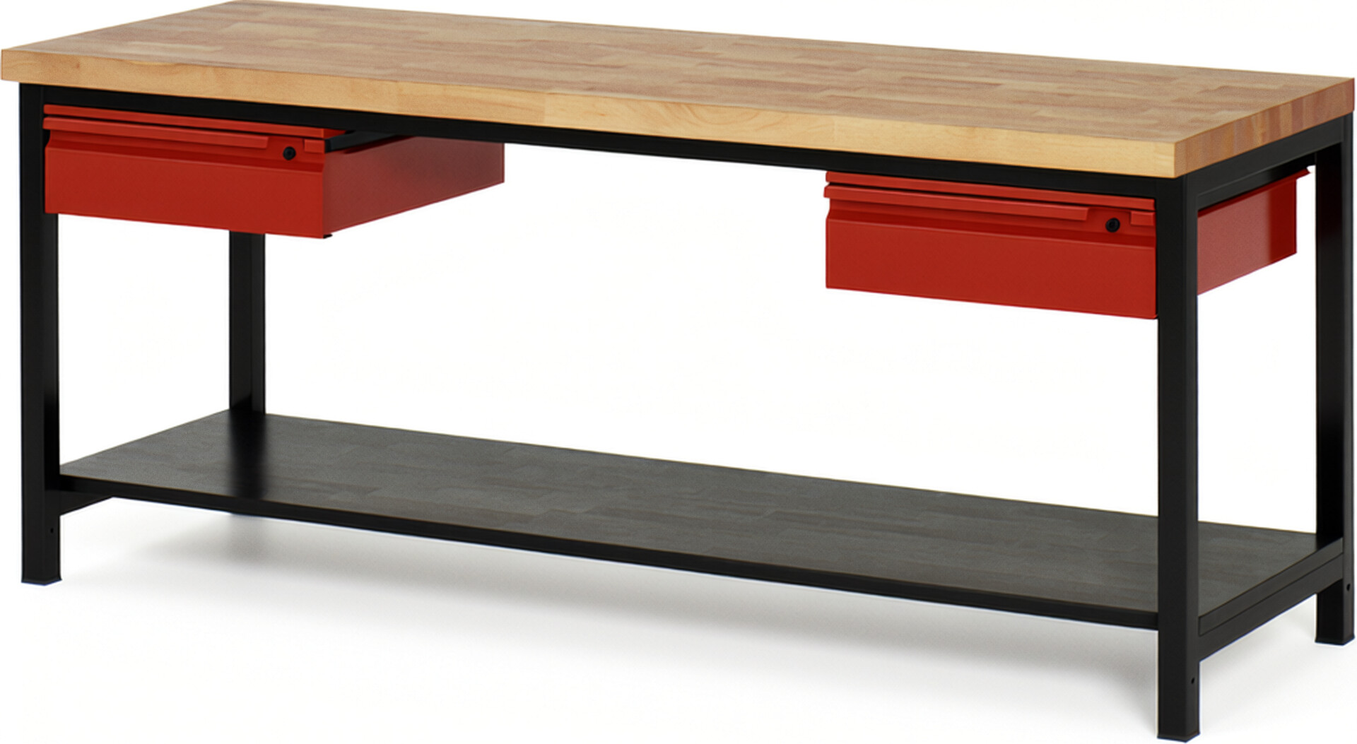 RAU Werkbank schwarz - rot - Breite 200 cm - Tiefe 70 cm - Höhe 104 cm - Buche-Massiv Arbeitsplatte 40 mm