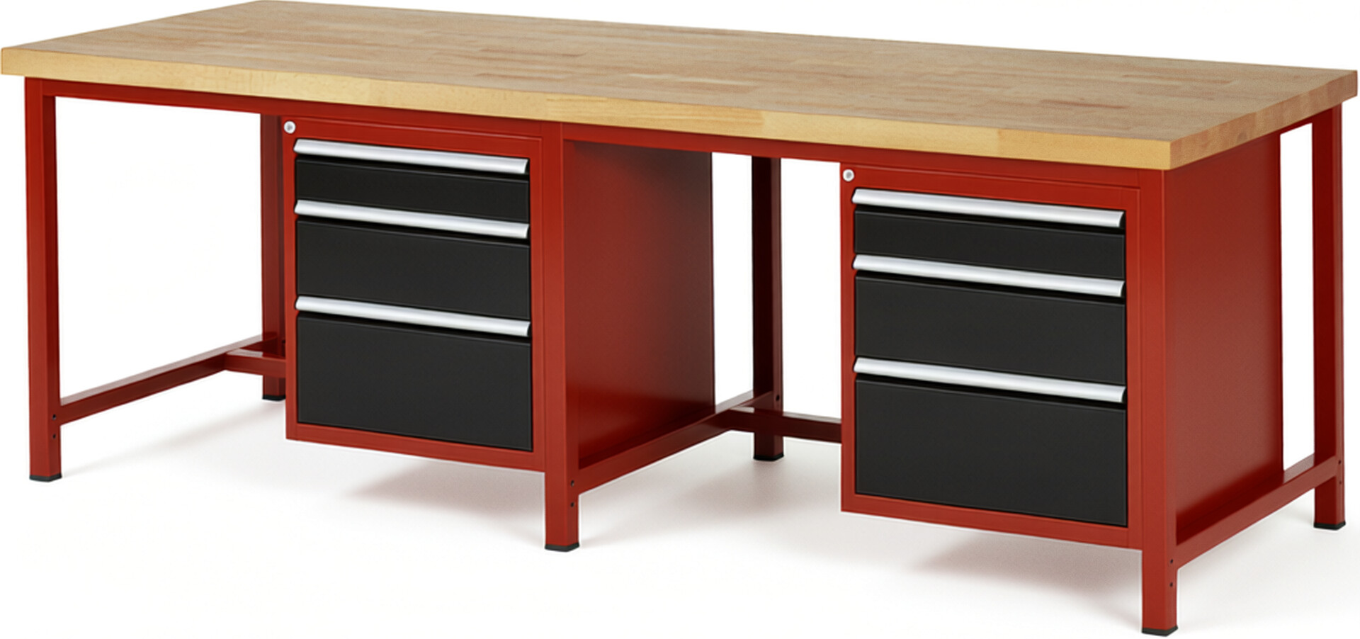 Werkbank Modell 8159 rot - schwarz, BxTxH 2500x900x840-1040 mm,  Buche-Massiv Arbeitsplatte 40 mm,  6 Schubladen mit  Auszug 90 %